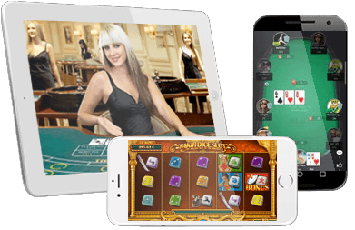 Verschillende apparaten met online casinospellen op hun schermen.