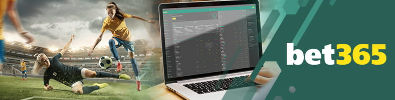 Bet365 logo ontwerp naast een Mac computer en twee voetballers schoppen een bal.