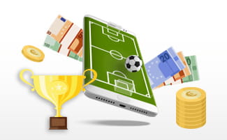 Illustratie van een trofee, muntstukken, bankbiljetten en een voetbalstadion