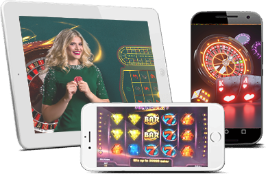 Verschillende mobiele apparaten en tablets met casinospellen.