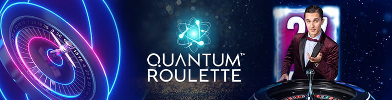 Quantum Roulette logo tussen een croupier man en een roulette wiel.