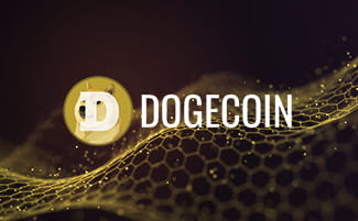 Dogecoin logo op gele en zwarte achtergrond