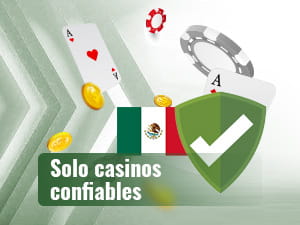 Groen schild met een wit vinkje en op de achtergrond van de afbeelding, de vlag van Mexico, kaarten, penningen en munten.