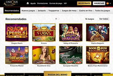 Catalogus van spellen bij Unique Casino.