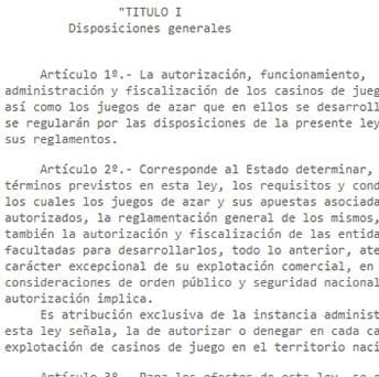 Afbeelding van een deel van de Chileense wet die gokken regelt.