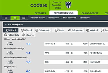 Hoofdpagina van de sportweddenschappen sectie in review Codere
