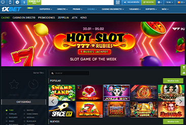 Hoofdpagina van de 1xBet games catalogus