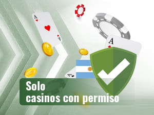 Groen schild met een wit vinkje en op de achtergrond van de afbeelding, de vlag van Argentinië, letters, penningen en munten.