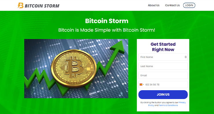 De hoofdpagina van Bitcoin Storm.