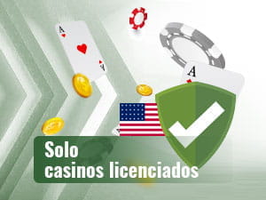 Groen schild met een wit vinkje en op de achtergrond van de afbeelding de vlag van de Verenigde Staten, letters, penningen en munten.