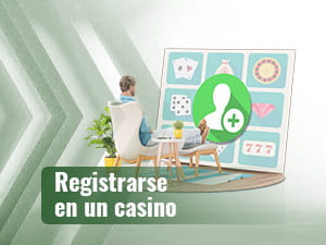 Gebruiker zittend voor een groot scherm met pictogrammen van verschillende casinothema ' s