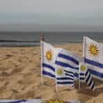 Vier kleine vlaggen van Uruguay vast in het zand van een strand, met zee op de achtergrond.