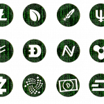 Logo ' s van 18 cryptocurrencies gegroepeerd in drie rijen en zes kolommen.